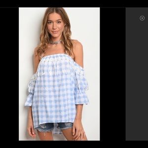 Light blue, white and black off the should…